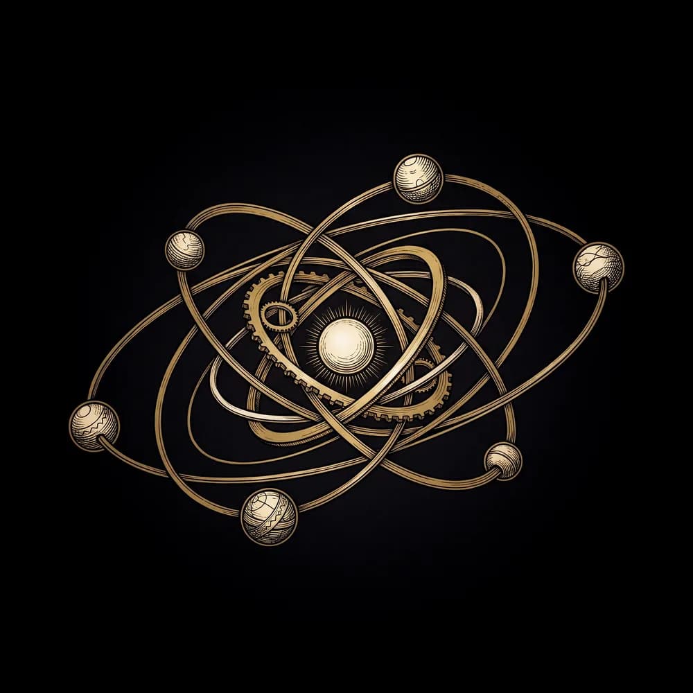 An engraved orrery of linked planets on interlocking golden orbits, on deep midnight.