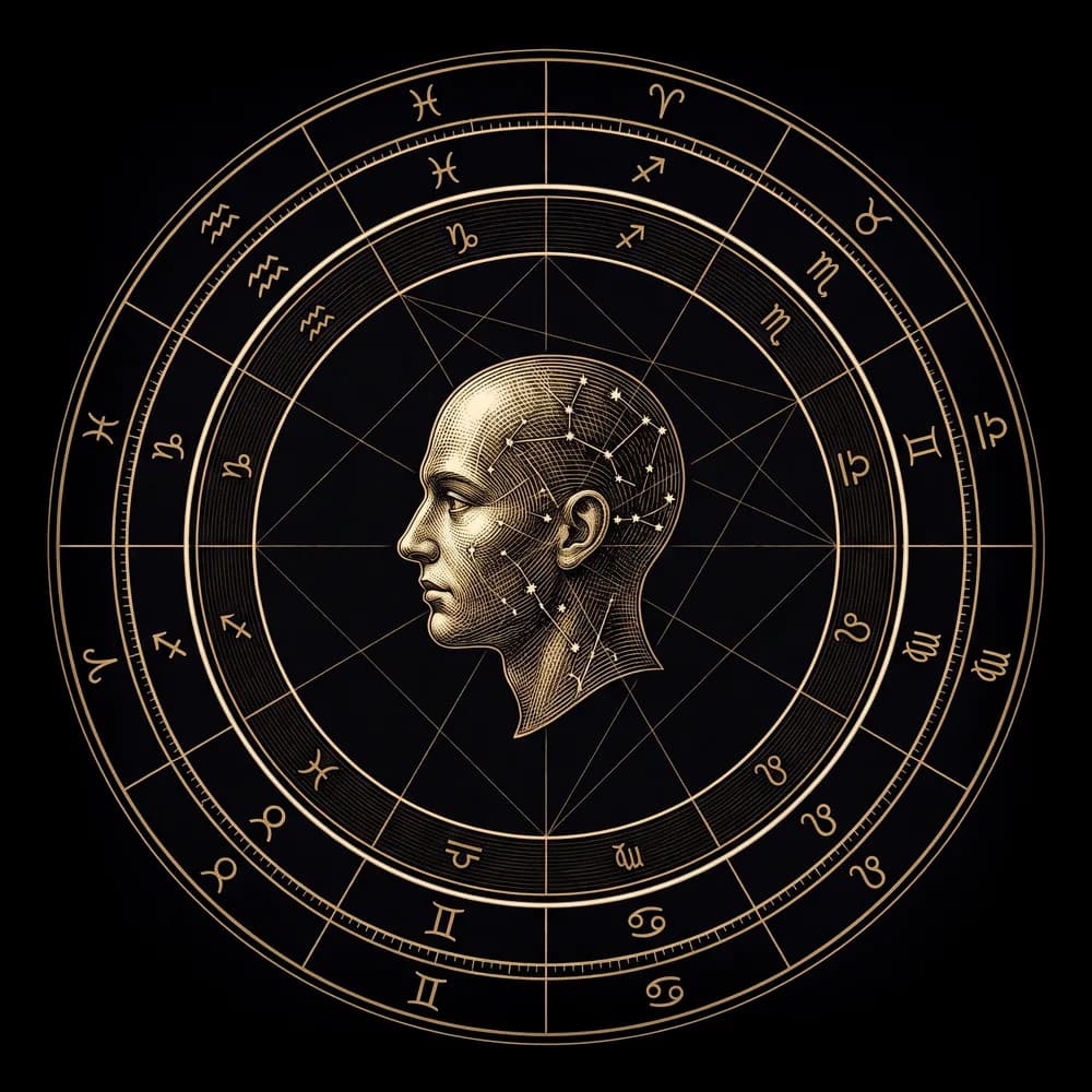 An engraved natal chart wheel with a human profile drawn in constellations, in gold on deep midnight.